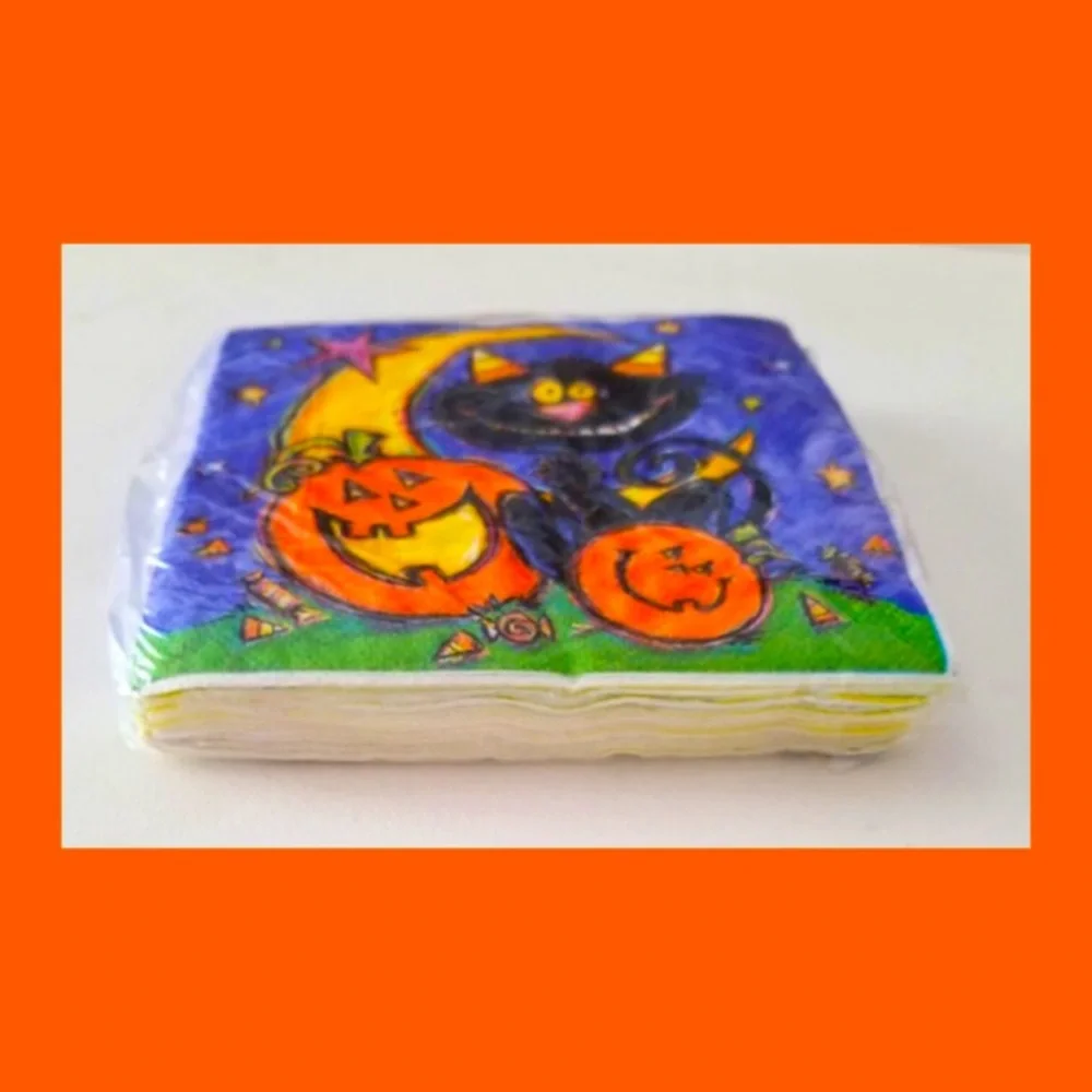 VTG 90s Halloween Black Cat Jack-o-Lantern Cocktail Party Napkins 24 Count NIP